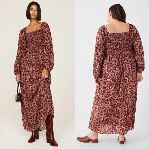 Faherty Susanna Smocked Dress Montserrat Floral Women XS Mauve BrownLongsleeve - Picture 2 of 15